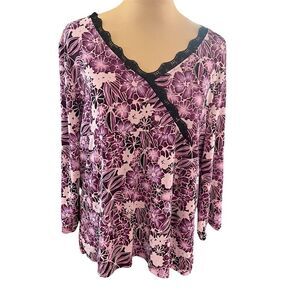 Womens Vintage SZ XL Floral Surplice Knit Babydoll Top Lace Trim Grunge 90s Y2K